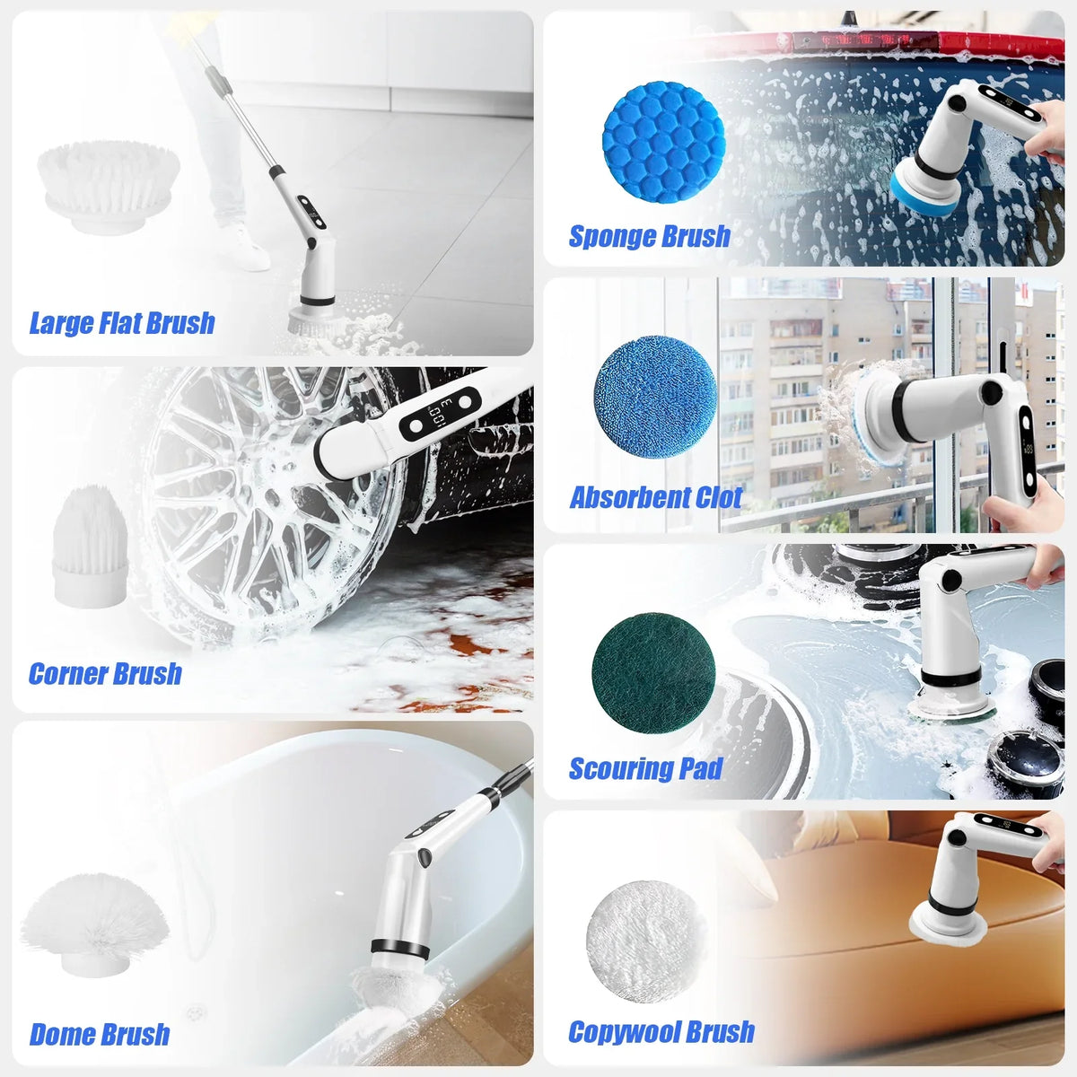 8 Kitchen Brush Tub Brushes Heads,Shower Cleaning Brush with Scrubber, Household Long Tile Handle WLRETMCI Scrubber with Spin for Cleaning Car Floor Electric Cordless Bathroom