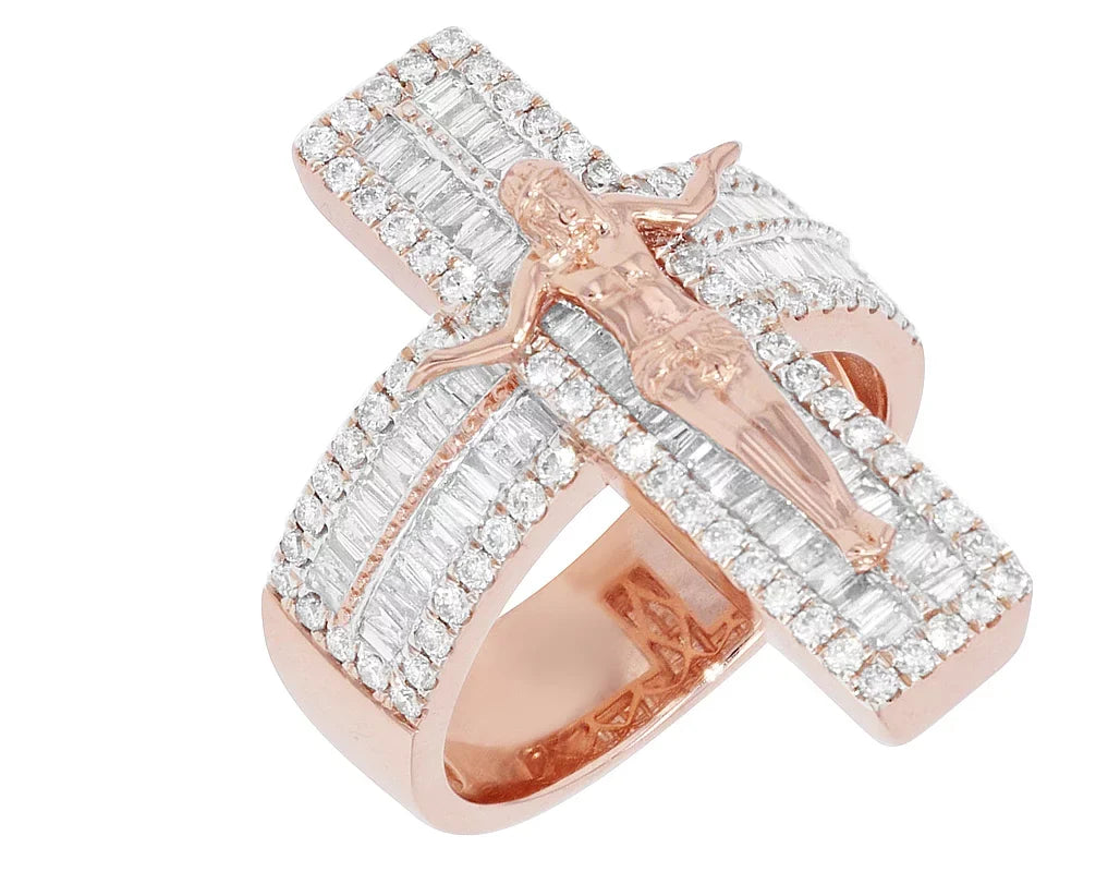 'Jesus Gold CT Cross' Pinky on Ring 1.86 Diamond S10 Baguette