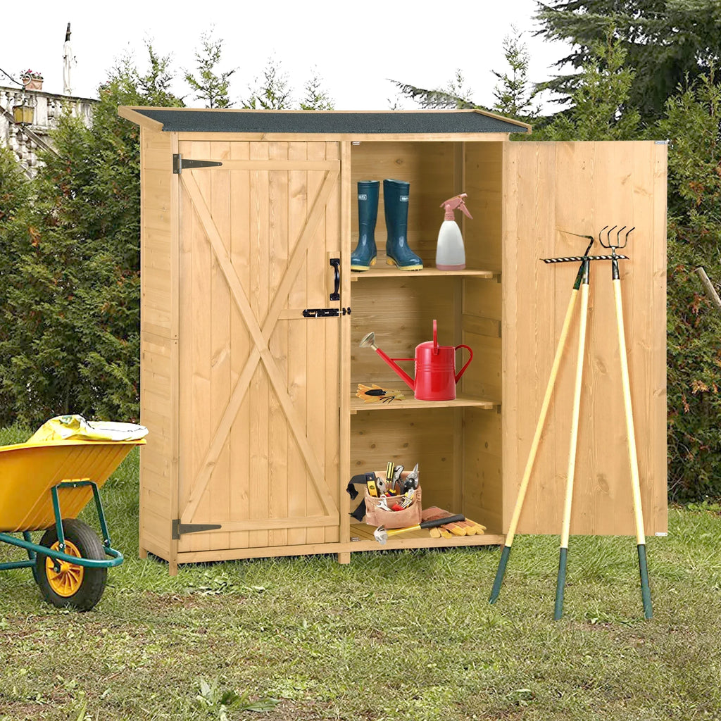 Roof, Outdoor Storage Lockable Shed, 3-tier L Tool Hx4.6ft Shelves Cabinet 5.3ft Wood with Organizer,Garden Asphalt Doors, Storage Double Waterproof Shed Backyard, for Natural