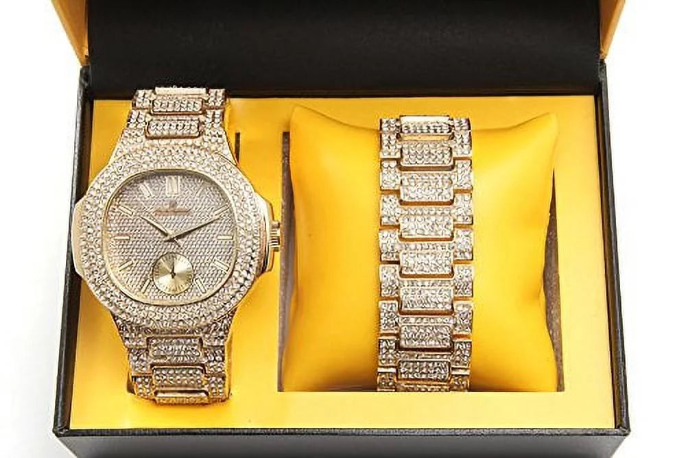 Mens Case 8475B - Out Metal Bling-ed Bracelet Watch Bling-ed Set Out (Gold/Gold) Oblong w/Matching