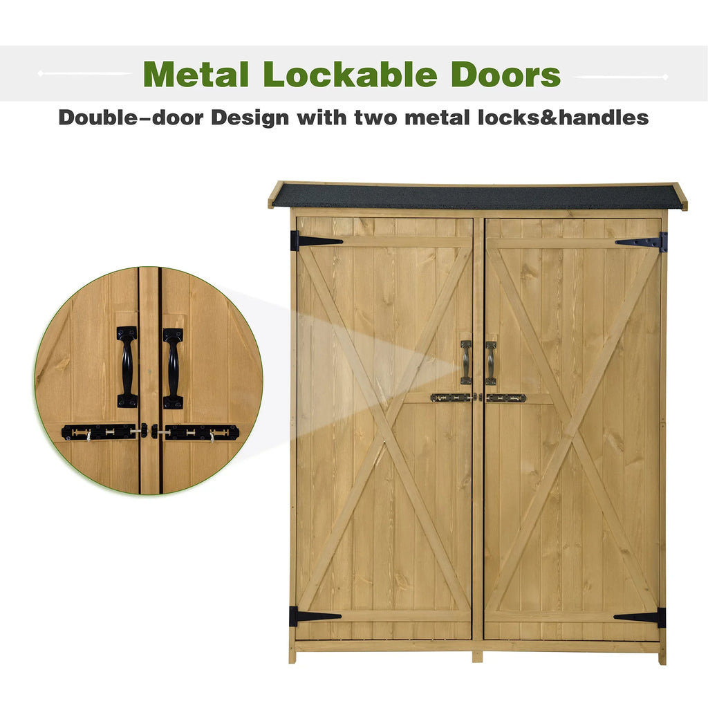 Roof, Outdoor Storage Lockable Shed, 3-tier L Tool Hx4.6ft Shelves Cabinet 5.3ft Wood with Organizer,Garden Asphalt Doors, Storage Double Waterproof Shed Backyard, for Natural