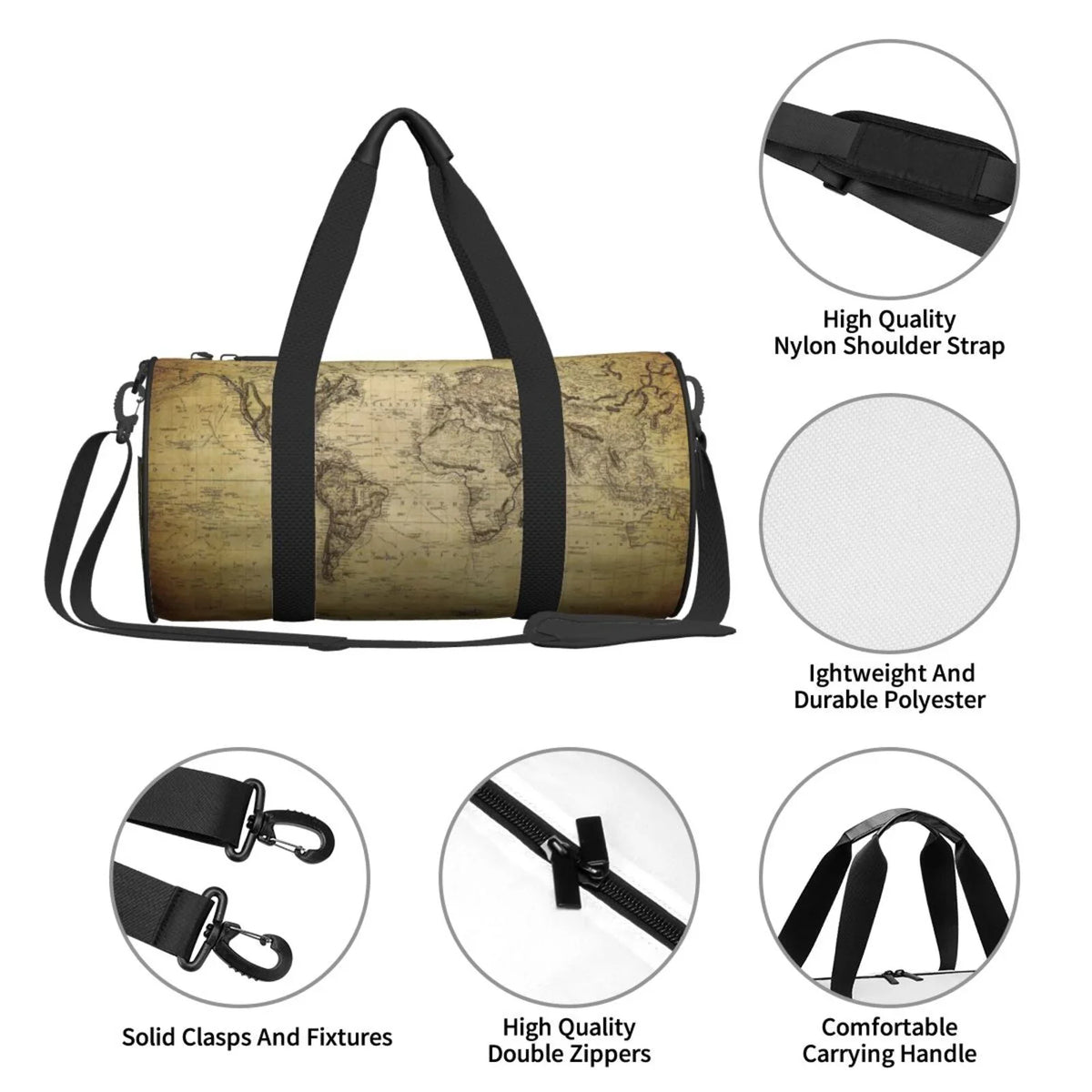 Bag Vintage Sports with Luggage and Gym Pocket Compartment Capacity Cylinder Bag Travel World Coaee Waterproof Large Bag Map