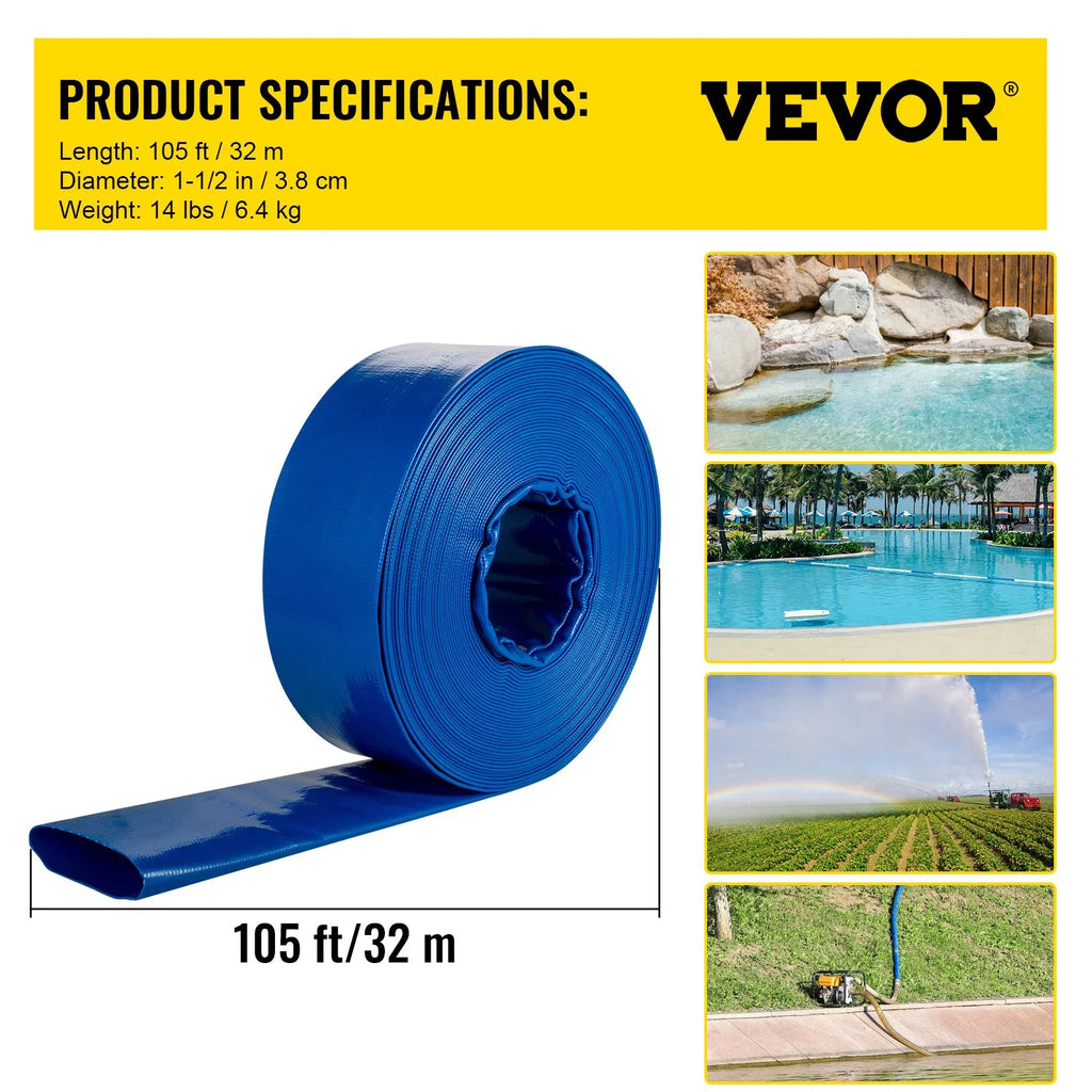 Blue Ideal Clamps, Hose, Discharge for & VEVOR Weather-proof Heavy Flat Lay 105', & Swimming Fabric Transfer, with Water 1-12" Hose, Backwash Hose Drain Burst-proof, Pool Duty x