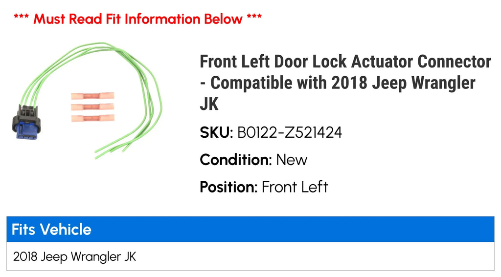 Jeep Door Compatible JK with Wrangler Connector Left 2018 - Actuator Lock Front