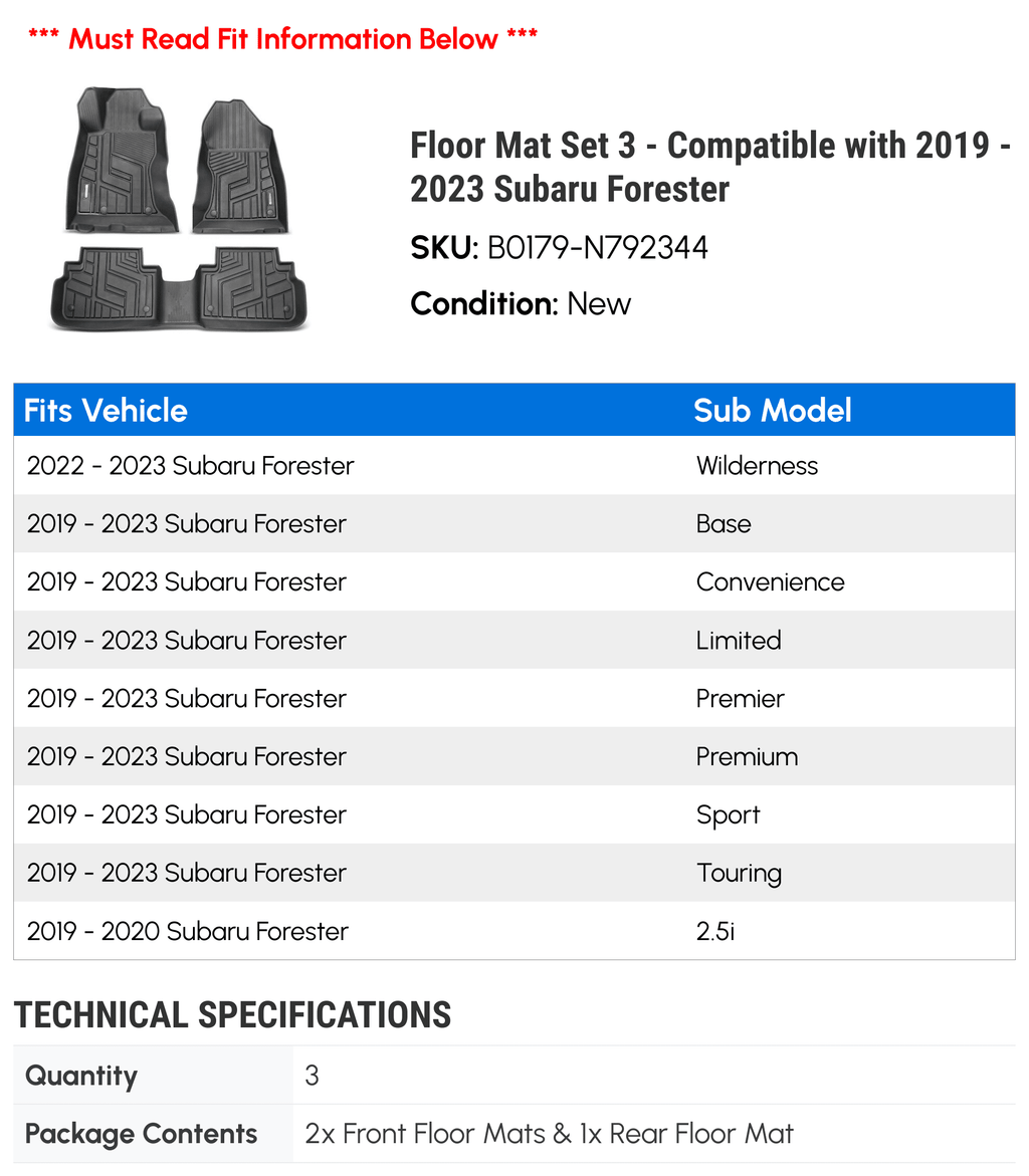 '- 2021 3 2020 with Subaru 2023 2019 - Compatible 2022 Mat Set Forester Floor