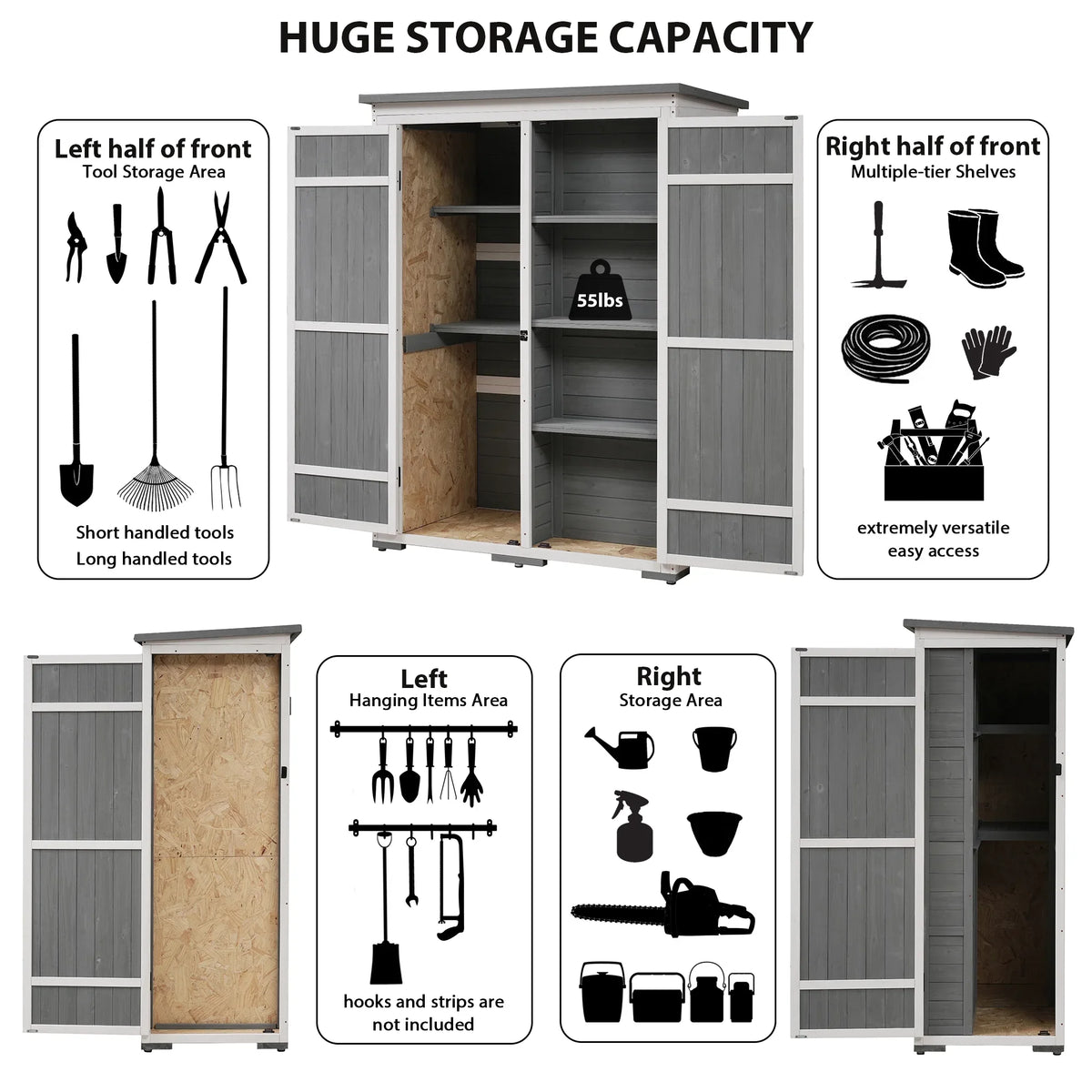 5.5ft Outdoor L Cabinet Gray Shelves, White and Asphalt Multiple-Tier Hx4.1ft Roof, Homiyad Shed, Storage Wood Doors, Lockable with Garden Waterproof Tool Four