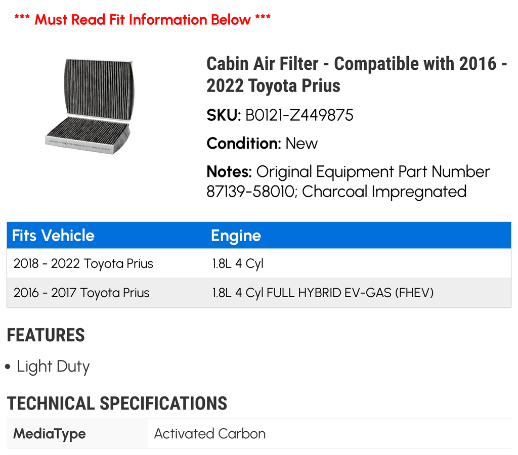 2018 Air - 2016 2019 - Compatible 2021 Prius Toyota Filter 2017 with 2020 2022 Cabin