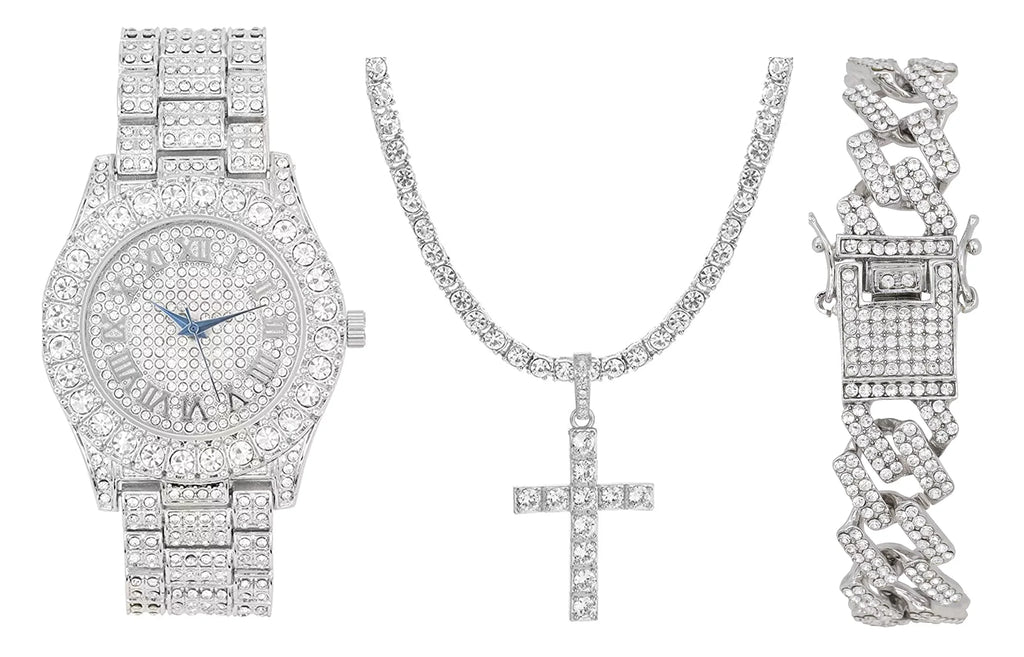 Quartz Lit w/Diamond ST10327RN Out Charles ZZ Out Raymond Wristwatch SLV Matching Cross Blinged Cuban Bracelet Classic Necklace Choose Set SLV Luxury Mens - Iced Set Tennis The - 3pc & (18") Be