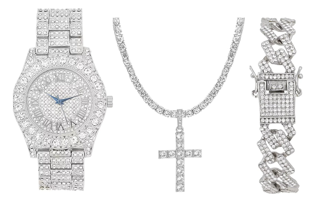 Quartz Lit w/Diamond ST10327RN Out Charles ZZ Out Raymond Wristwatch SLV Matching Cross Blinged Cuban Bracelet Classic Necklace Choose Set SLV Luxury Mens - Iced Set Tennis The - 3pc & (18") Be