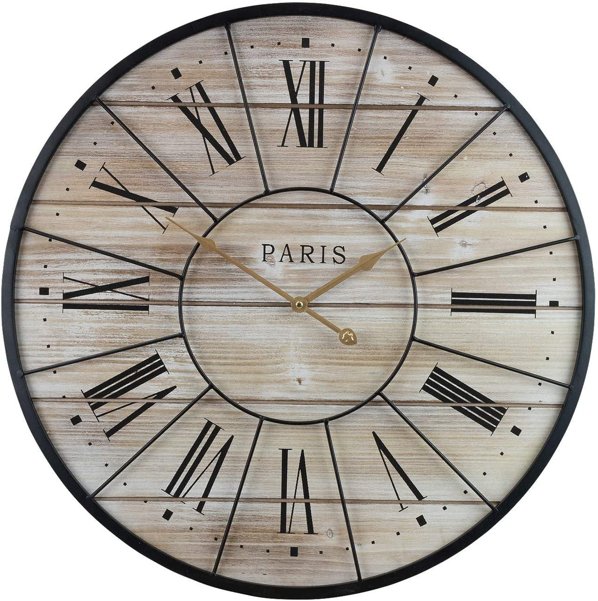 Analog Rustic Decorative Numeral Wall Room, Farmhouse Roman Clock, Oversized Wood Large Paris Decor Parisian for Round Metal Modern Living 24” Country Hands, Centurion Ideal Clock, French Sorbus
