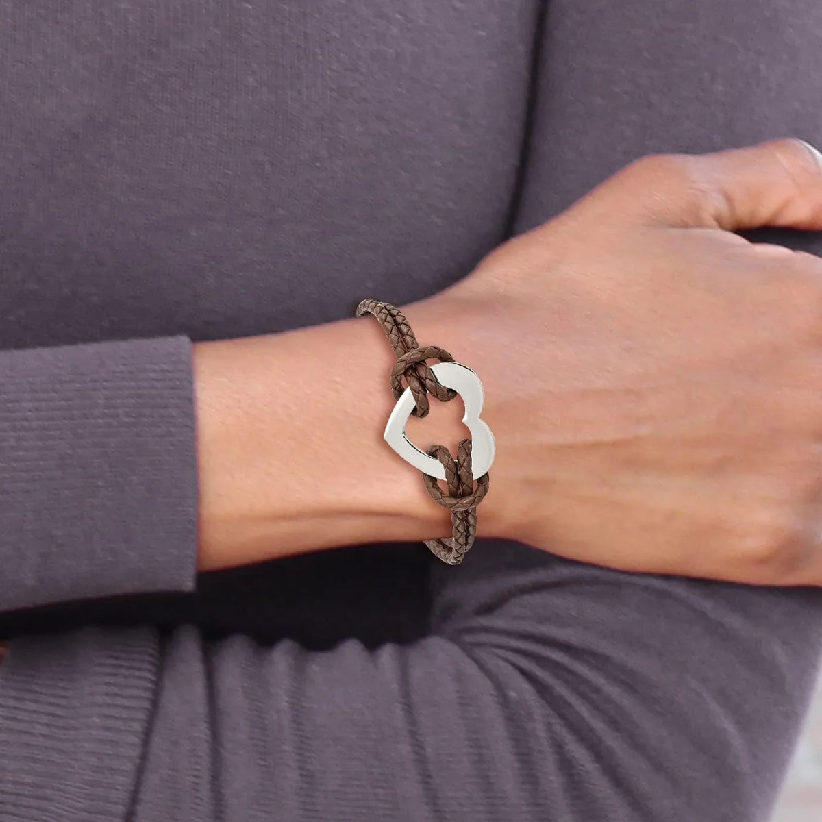 Bracelet - Stainless Steel Leather Chisel Brown Polished 7.5" Heart Braided