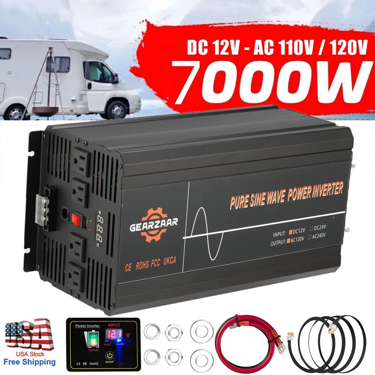Wave Solar Car DC To Pure LCD Sine Power Converter 7000W AC Inverter 12V 120V Car RV