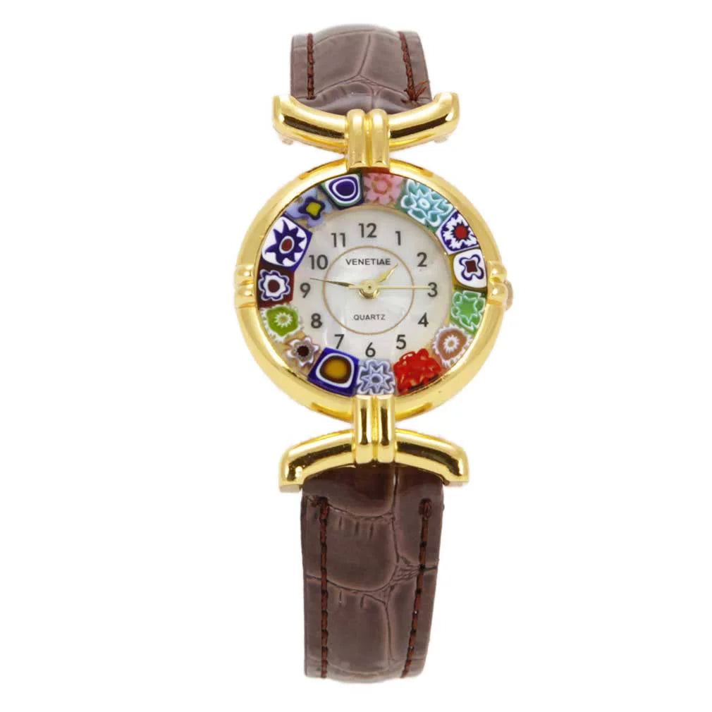 '- Millefiori Leather GlassOfVenice Band Brown with Watch Multicolor Glass Murano