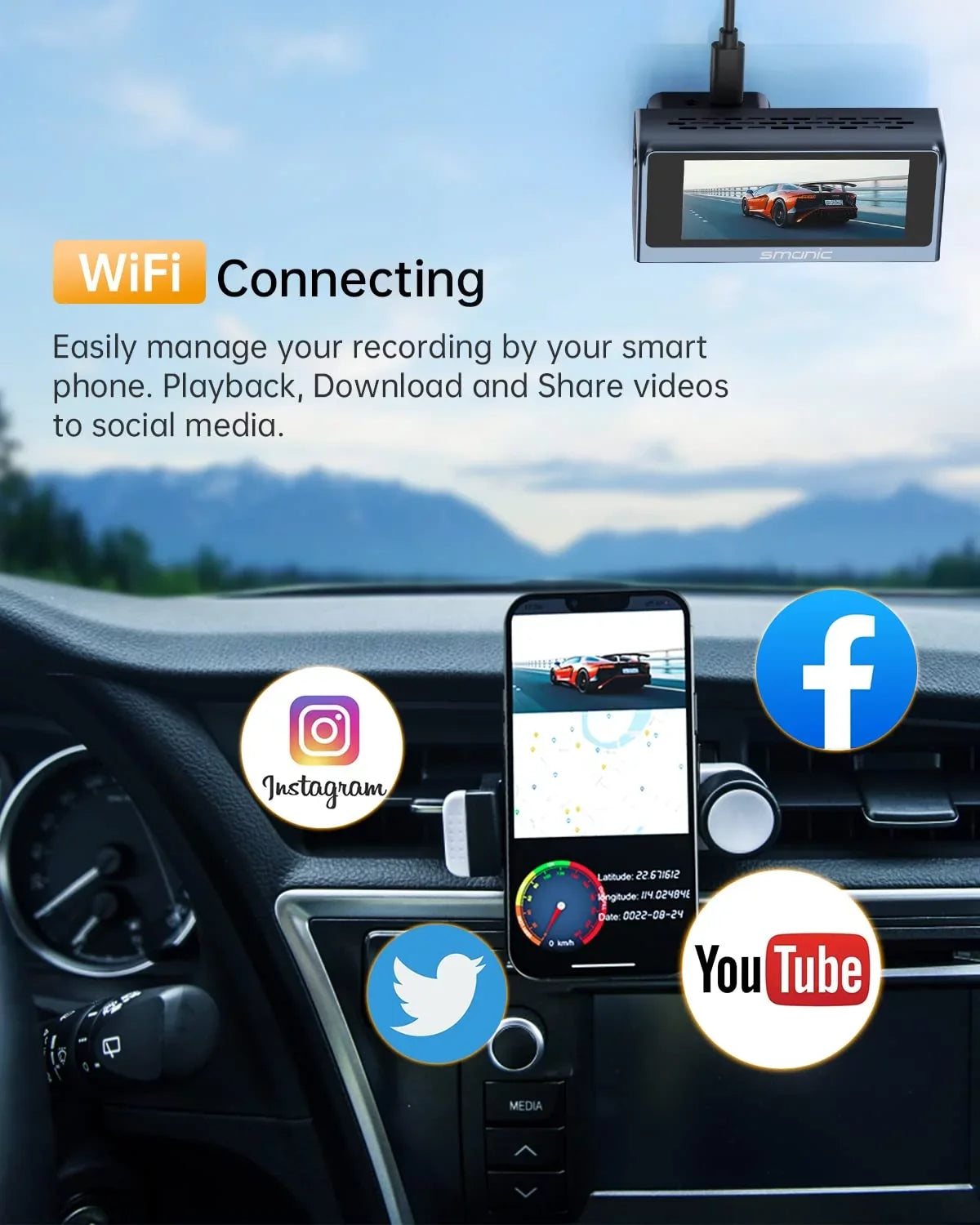 Car Parking Night Dashboard Built Camera IPS Loop GPS Smanic WiFi Mode, Angle, Front, Recorder Screen, Dash for 4k Cam Recording Dash 170° WDR,24H Cars Wide Vision, with 3.16”