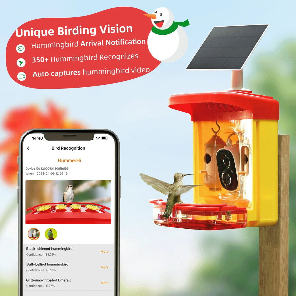 House, Feeder 350+ Feeder Hummingbird Identify Outdoor Gift Smart Attract Bird Up-Close,AI Hummingbird Camera Hummingbird Unique More Camera 2 Capture,Birdwatching Wooden for Species, Auto-Video with