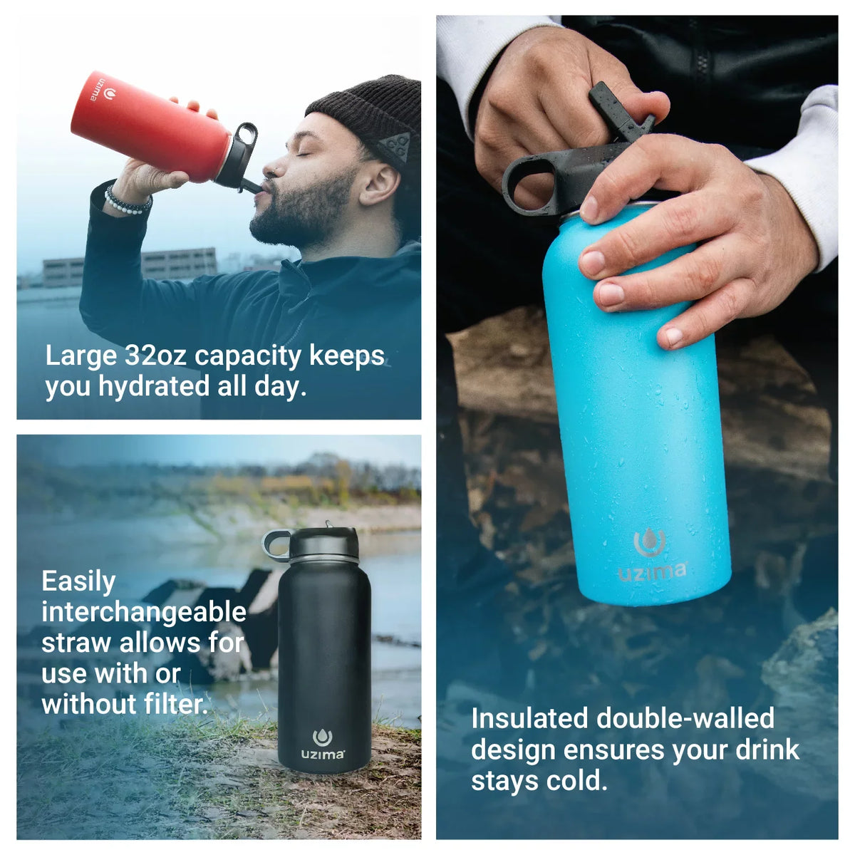 Camping, Steel Z-Source Water Bottle the Exterior Double-Walled Uzima Purification Backpacking, Filtered .(Red) Travel. Go. Capacity 32oz Hiking, Stainless for on Large Water with and -