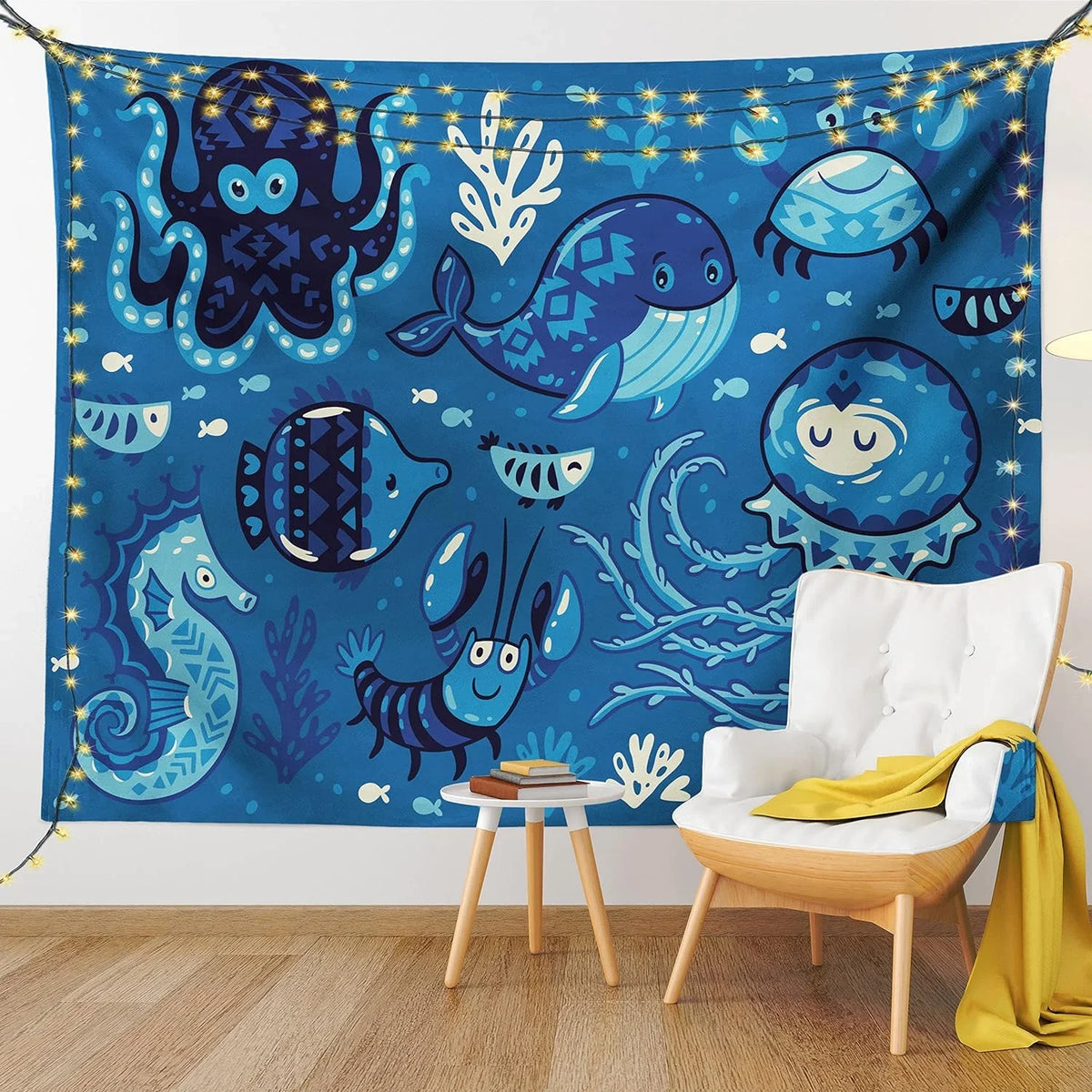 45" Wall Blue 30", Moss Hanging Sealife Ocean And For X Octopus Tapestry, Deep Living Little Whale Fish Cartoon Room Print, Fabric Bedroom Decor With Dorm, Animals