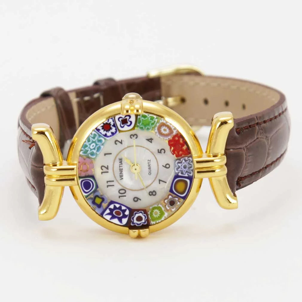'- Millefiori Leather GlassOfVenice Band Brown with Watch Multicolor Glass Murano