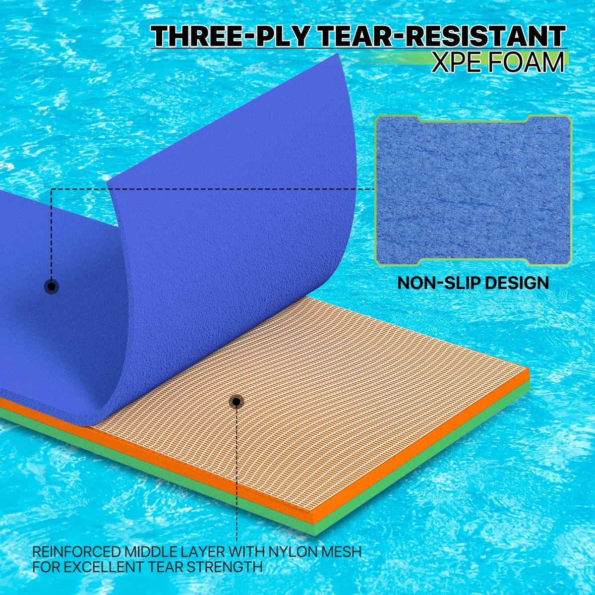 Tear-Resistant XPE Mat River Recreation Float Water for Water Activities, Magshion Water Lily Floating 6x2ft Lake Pool 3-Layer Pad, Ocean Pad Foam Outdoor Floating Blue Mat,