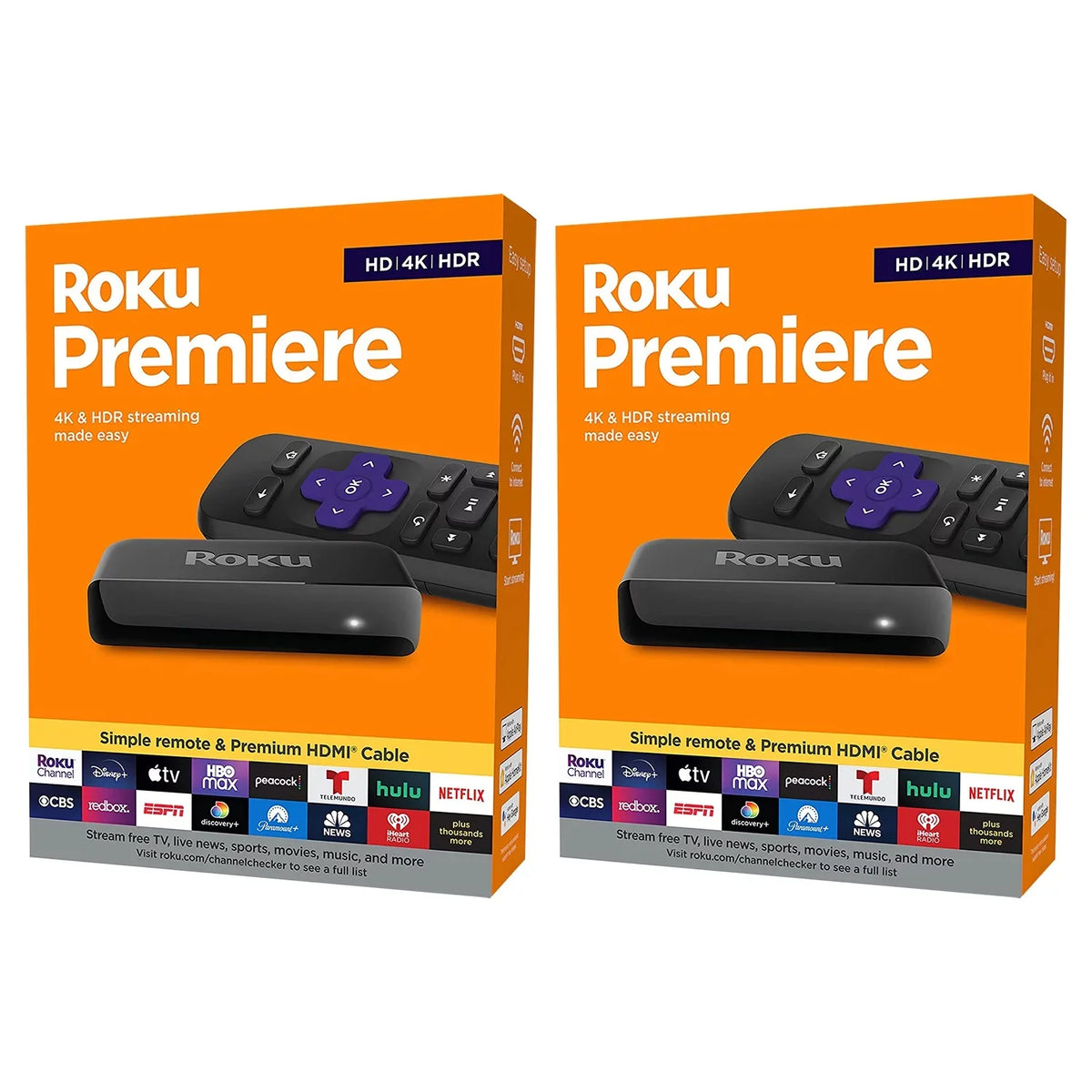 HD Roku and Media 4K 2 Remote HDR Player, Pack Premium Premiere Simple HDMI Cable Streaming