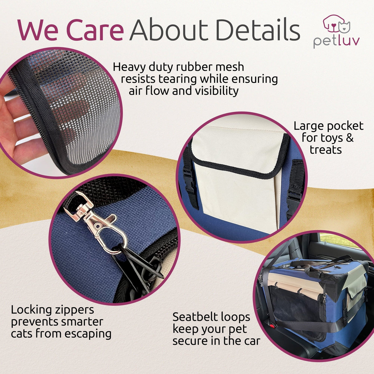 Zippers, Wheels, Crate Privacy Bed, Rolling Plush Travel Windows Soft Cat Sided, Detachable, PetLuv & Pull-Along & on Dog Carrier Locking