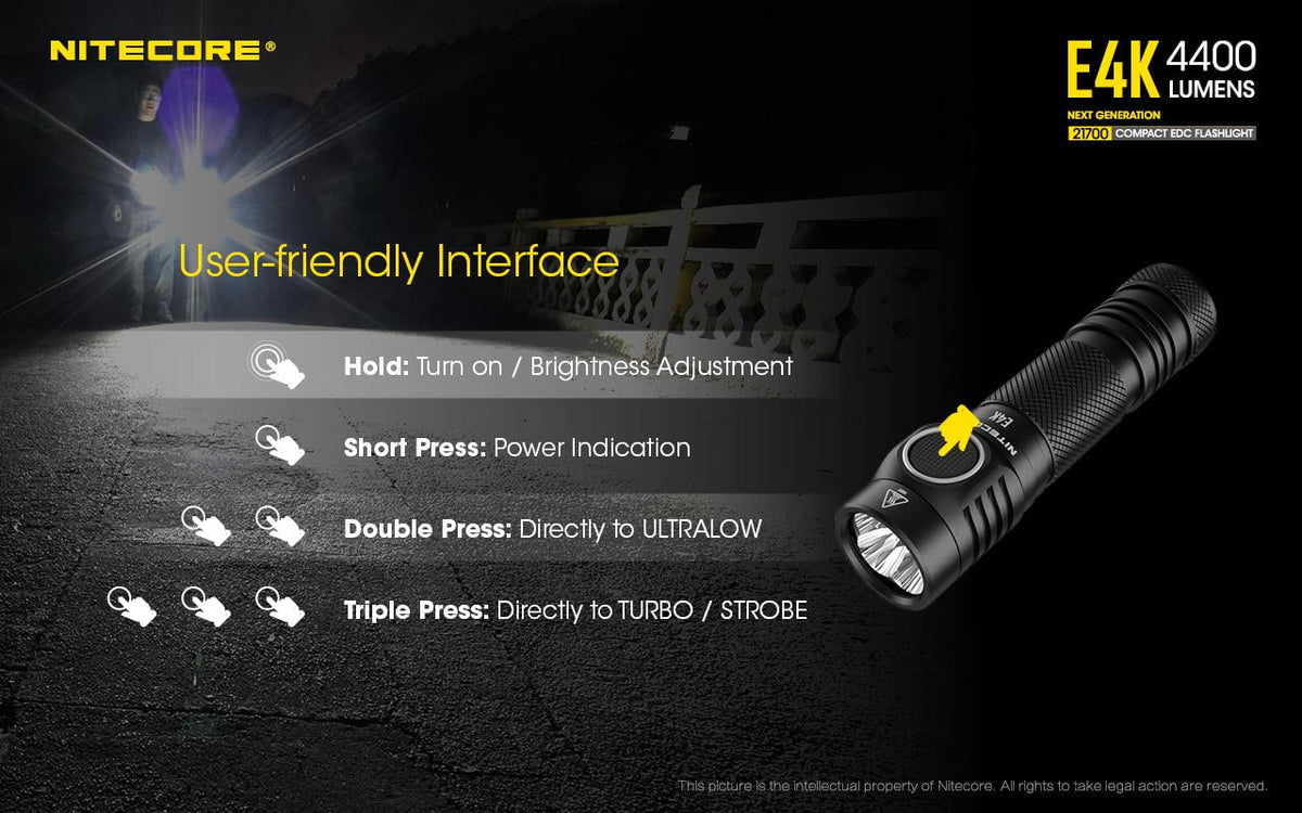 '- Charger and E4K 4400Lm Next Flashlight Eco-Sensa Cord generation +UI1 Batteries Combo: NL2150HPR USB and w/NL2140 USB NITECORE