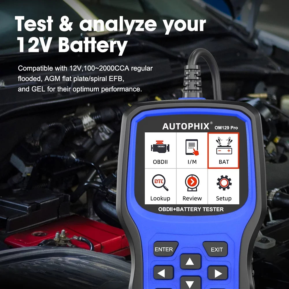 Test Automotive in 1 Scanner OBD2 Battery Full OBD2 Diagnostic Test AUTOPHIX Tool OM129 Battery Charging Function Analyzer Tester 2 Reader OBD Engine 12V Scanner EOBD Automotive Code PRO Cranking Auto