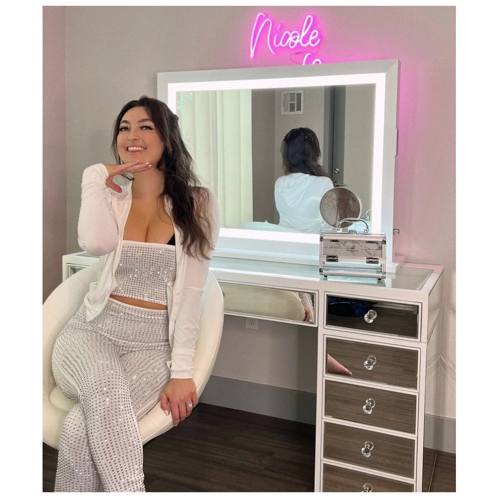 Switch, Impressions Liane Vanity or Pro 3X Makeup Mirror for Mirror Mirror Metal Speakers V. Wall Frame Magnified Desk with and Mount and (White) Lighted with Tabletop Dimmer Outer