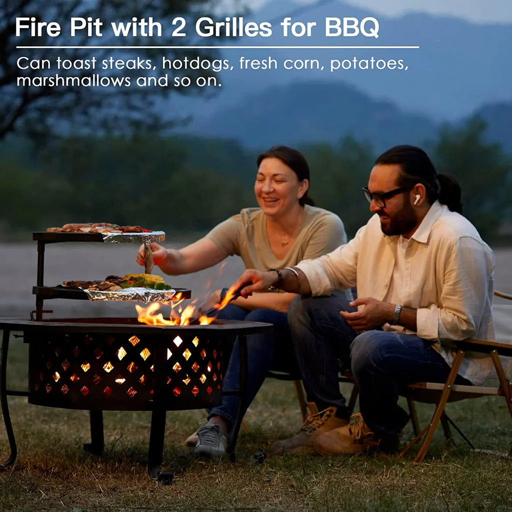 Fire Burning for Wood Backyard Outdoor Pit Picnic with Firepit Inch Metal Bonfire Garden Patio with Grill, Lid, Table 36 Camping Round 2