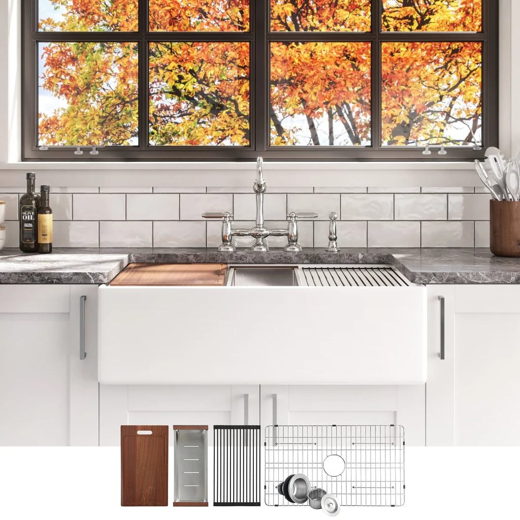 Kitchen Porcelain, Workstation, Clay, Single 33x20 Apron with Accessories Board Sink Front Bowl Ceramic Sink, & 33 cUPC, DUNMORE Inch White Cutting Farmhouse