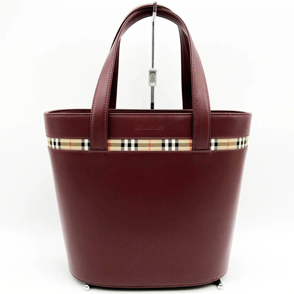 Fashion Leather Pre-Owned Bordeaux USED Ladies Tote Burberry Nova Check Bag Red BURBERRY Handbag (Good) Formal