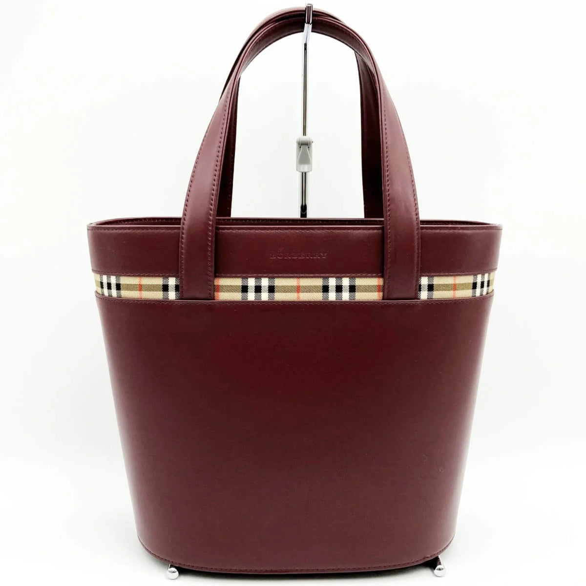 Fashion Leather Pre-Owned Bordeaux USED Ladies Tote Burberry Nova Check Bag Red BURBERRY Handbag (Good) Formal