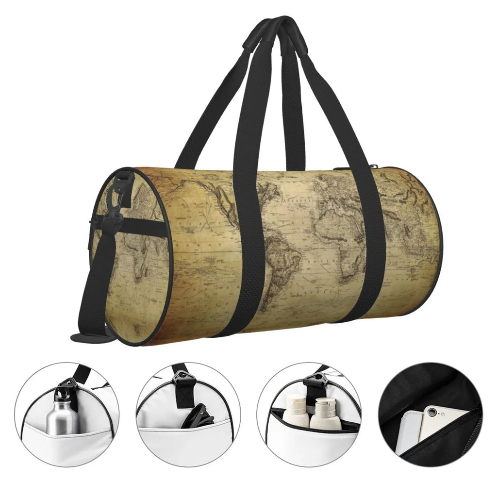 Bag Vintage Sports with Luggage and Gym Pocket Compartment Capacity Cylinder Bag Travel World Coaee Waterproof Large Bag Map