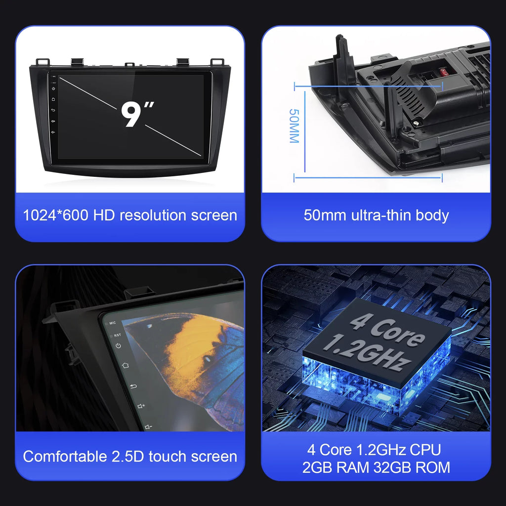 Double Android Built-in stereo Din 3 Carplay/Android 2011 Car Wireless Radio 10 9 Auto/GPS/Bluetooth/FM/AUX-in/Steering Control 2012 2+32G Mazda 2013 for 2010 Wheel Inch TouchScreen with Backup Camera