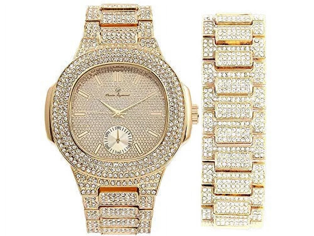 Mens Case 8475B - Out Metal Bling-ed Bracelet Watch Bling-ed Set Out (Gold/Gold) Oblong w/Matching