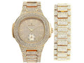 Mens Case 8475B - Out Metal Bling-ed Bracelet Watch Bling-ed Set Out (Gold/Gold) Oblong w/Matching