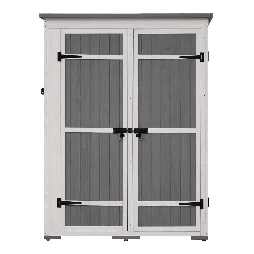 5.5ft Outdoor L Cabinet Gray Shelves, White and Asphalt Multiple-Tier Hx4.1ft Roof, Homiyad Shed, Storage Wood Doors, Lockable with Garden Waterproof Tool Four