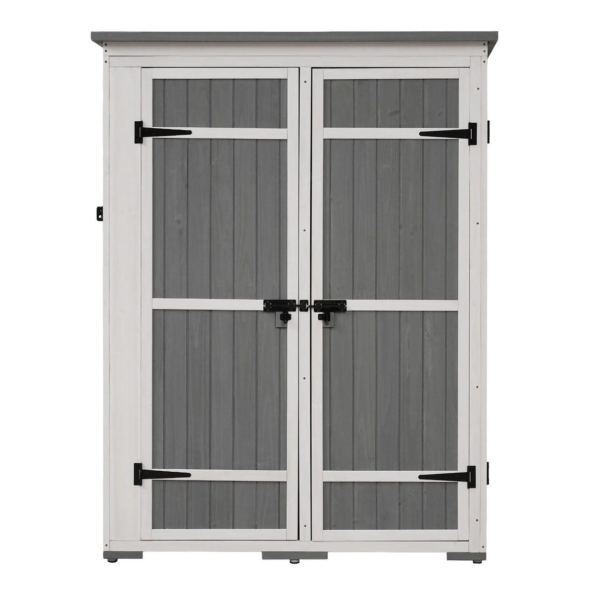 5.5ft Outdoor L Cabinet Gray Shelves, White and Asphalt Multiple-Tier Hx4.1ft Roof, Homiyad Shed, Storage Wood Doors, Lockable with Garden Waterproof Tool Four
