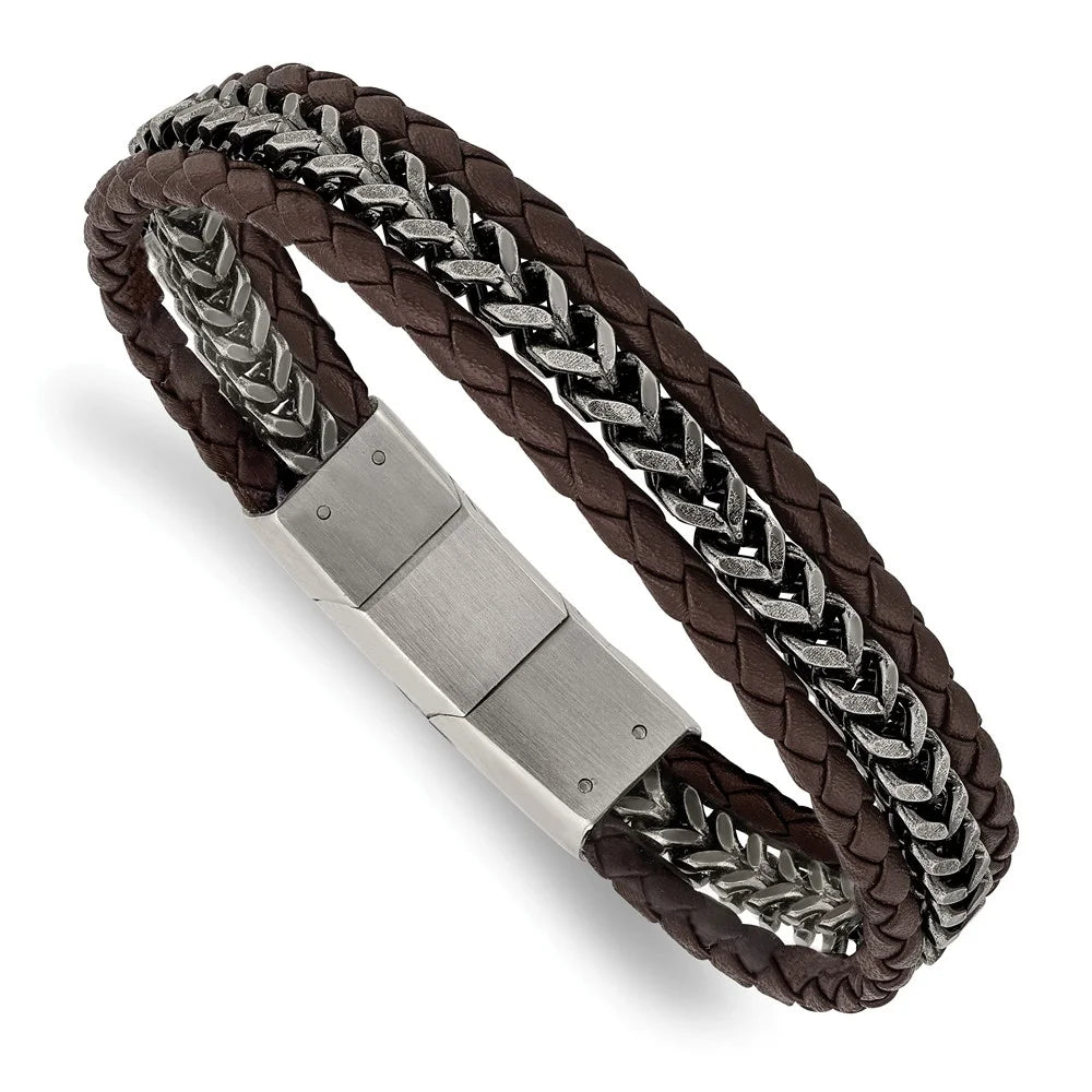 0.5 with Brushed Bracelet Antiqued Stainless Steel Brown Primal Extension Inch Leather and Steel