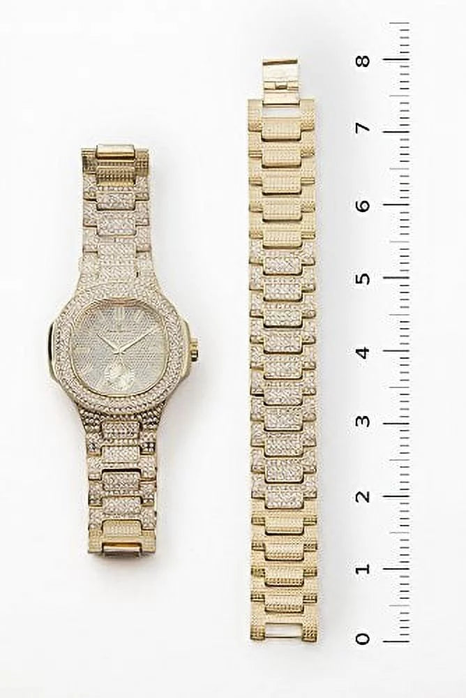 Mens Case 8475B - Out Metal Bling-ed Bracelet Watch Bling-ed Set Out (Gold/Gold) Oblong w/Matching