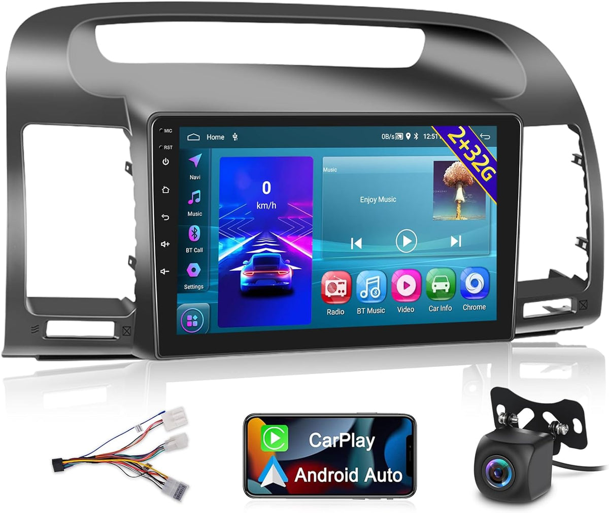 Camera Dual Camry Built with Auto Radio GPS, 2000-2006, Andriod Rear Android 2+32G View WiFi, THONZER Carplay Inch Stereo For 9 Link, Car and Wireless Toyota Mirror Touchscreen in USB +