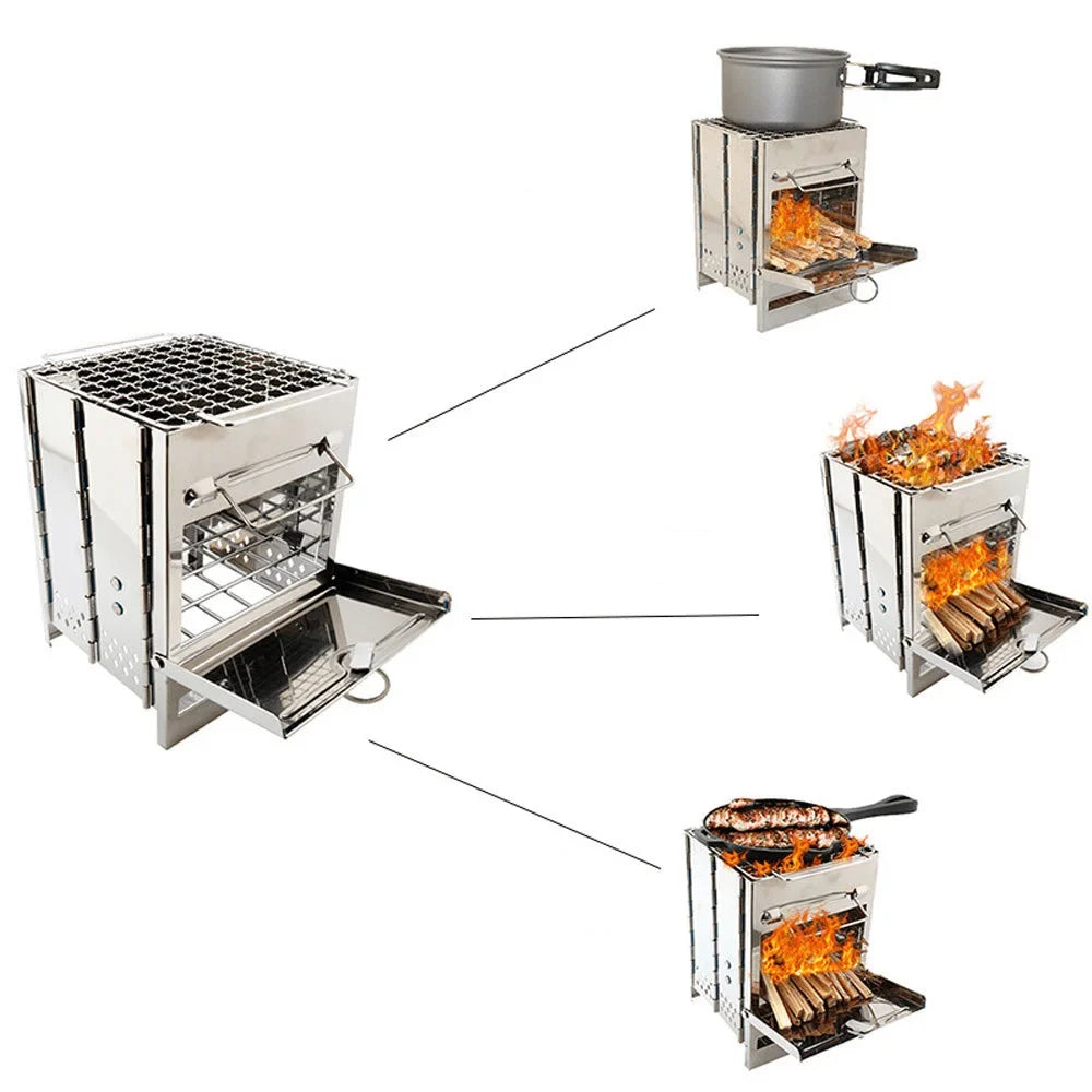 Lightweight Outdoor Burning Backpacking Sturdy Picnic Stove Cooking, Grill Camp Stainless Folding Wood For With Stove For Portable Wood BBQ Steel Camping