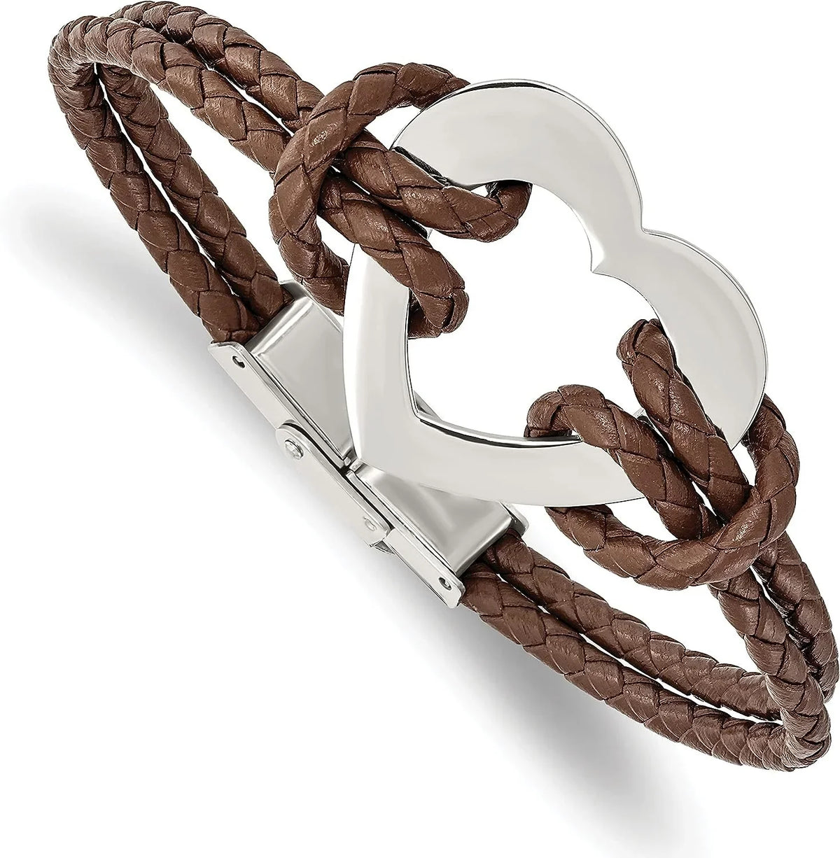 Bracelet - Stainless Steel Leather Chisel Brown Polished 7.5" Heart Braided