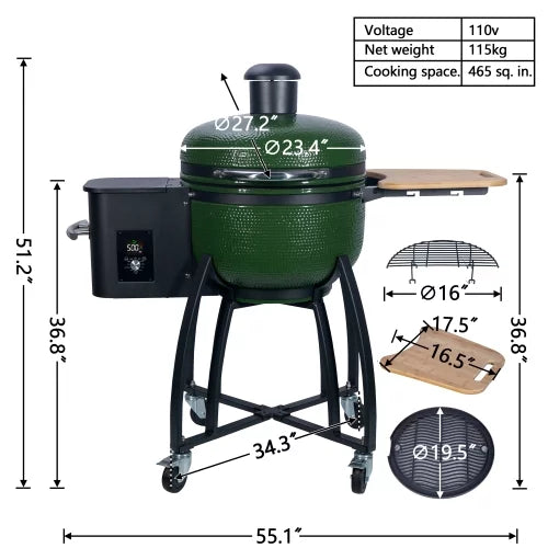 4-in-1 Pellet with Ceramic Gridiron Grill Patio,Green Outdoors diameter Liner Smoked BBQ 24" Roasted Double Ceramic for 19.6" Pan-roasted MADETEC