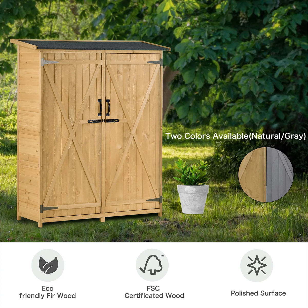 Roof, Outdoor Storage Lockable Shed, 3-tier L Tool Hx4.6ft Shelves Cabinet 5.3ft Wood with Organizer,Garden Asphalt Doors, Storage Double Waterproof Shed Backyard, for Natural