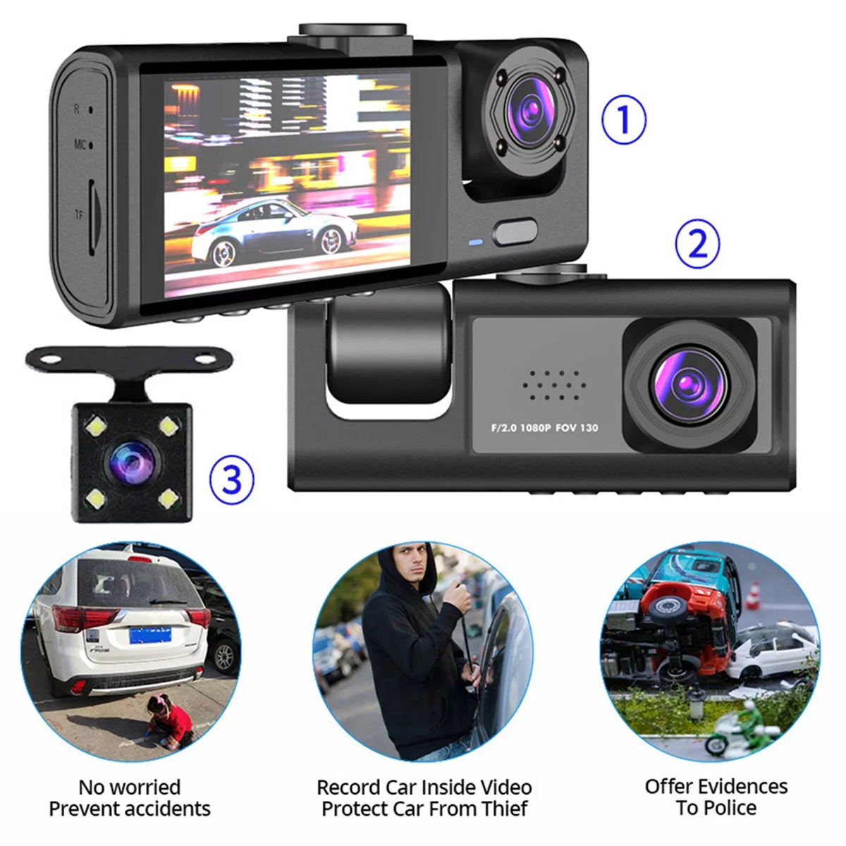 1080P+720P+480p Camcorder Auto Front Video Car Car Recorder Cameras Inside Andoer 3 Cam Mirror Safety Camera Recording Vision and Rear Rearview Dash Driving Night Recorder Car