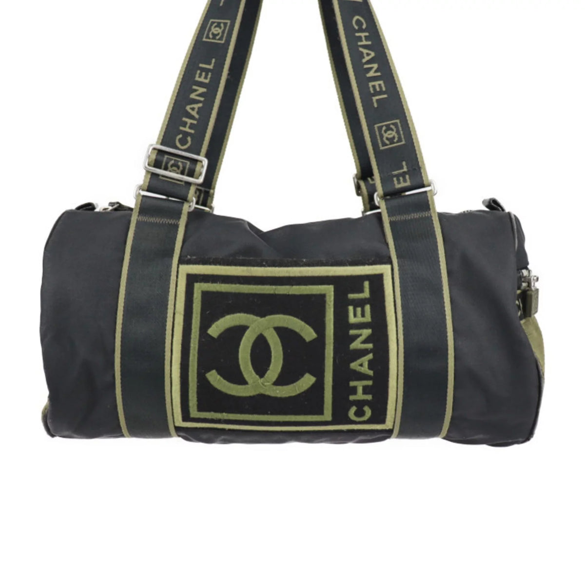 (Fair) Travel Nylon Bag Shoulder Sport Cylindrical Canvas Line Chanel Pre-Owned 10 Boston CHANEL Green Cocomark Khaki Series Round