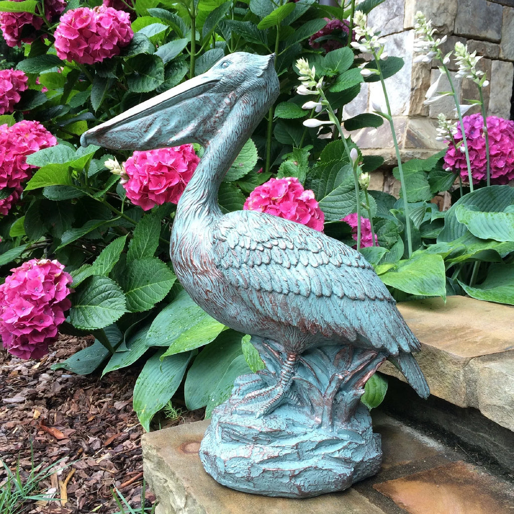 Nautical Coastal Bronze 20 Statue in. Homestyles Patina on Rock Beach Pelican