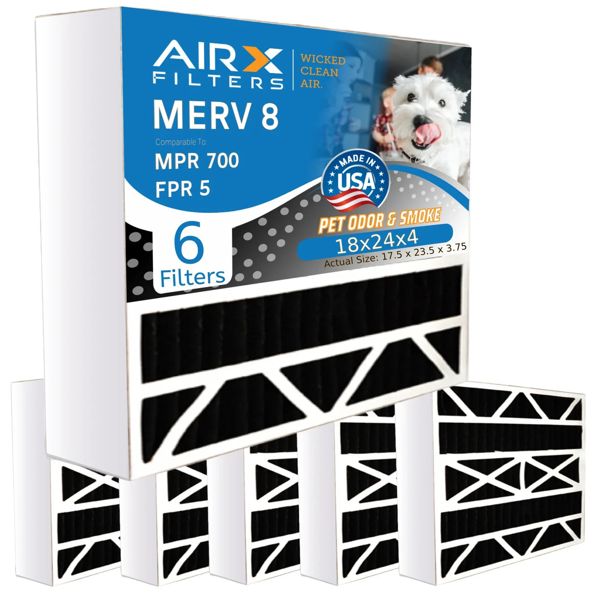 AIR. FPR MPR Air Filter Comparable MERV AIRX & Made HVAC WICKED 700 to 6 Pack 5 by Premium Furnace 8 Eliminator Filter Filters USA Carbon 18x24x4 CLEAN AC FILTERS 18x24x4 Odor