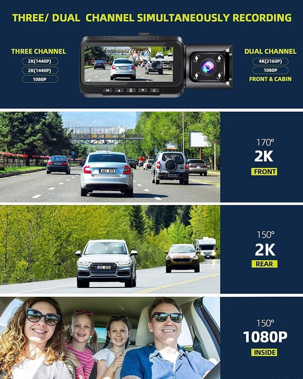 Dash Channel IR Wide Vision,170° GPS Lock, Monitor WDR, Emergency Night Camera Speed Car Parking Camera Angle, Inside Rear and 2K+1080P+2K Front 3 4K TOGUARD